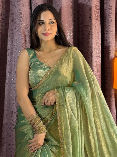 Gorgeous Green Soft Silk Beads Work Mehendi Wear Saree - Ethnic Plus In